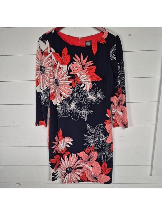 Vince Camuto Dresses & Skirts - Vince Camuto Women Navy Blue Coral Floral 3/4‎ Sleeve Sheath Dress Size 8